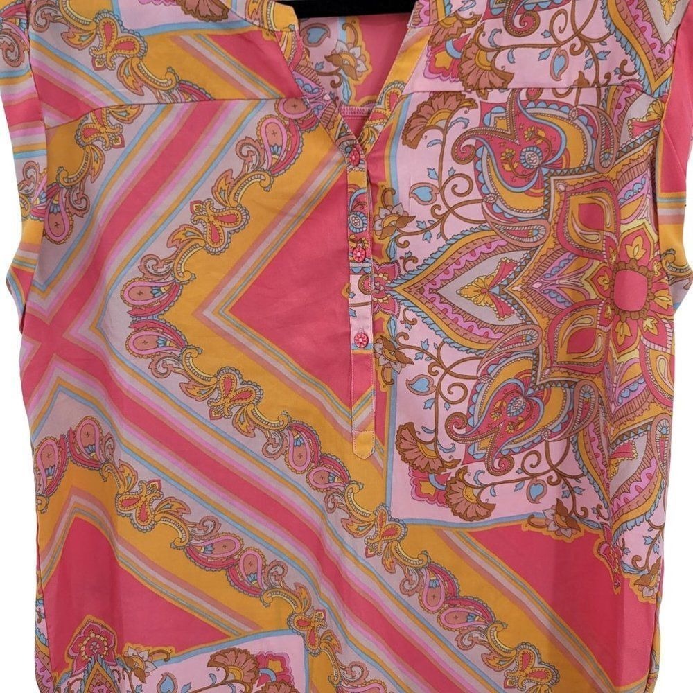 Bandolino Boho Paisley Patchwork Scarf Print Blouse Top Sz M Pink Gypsy - Picture 6 of 15